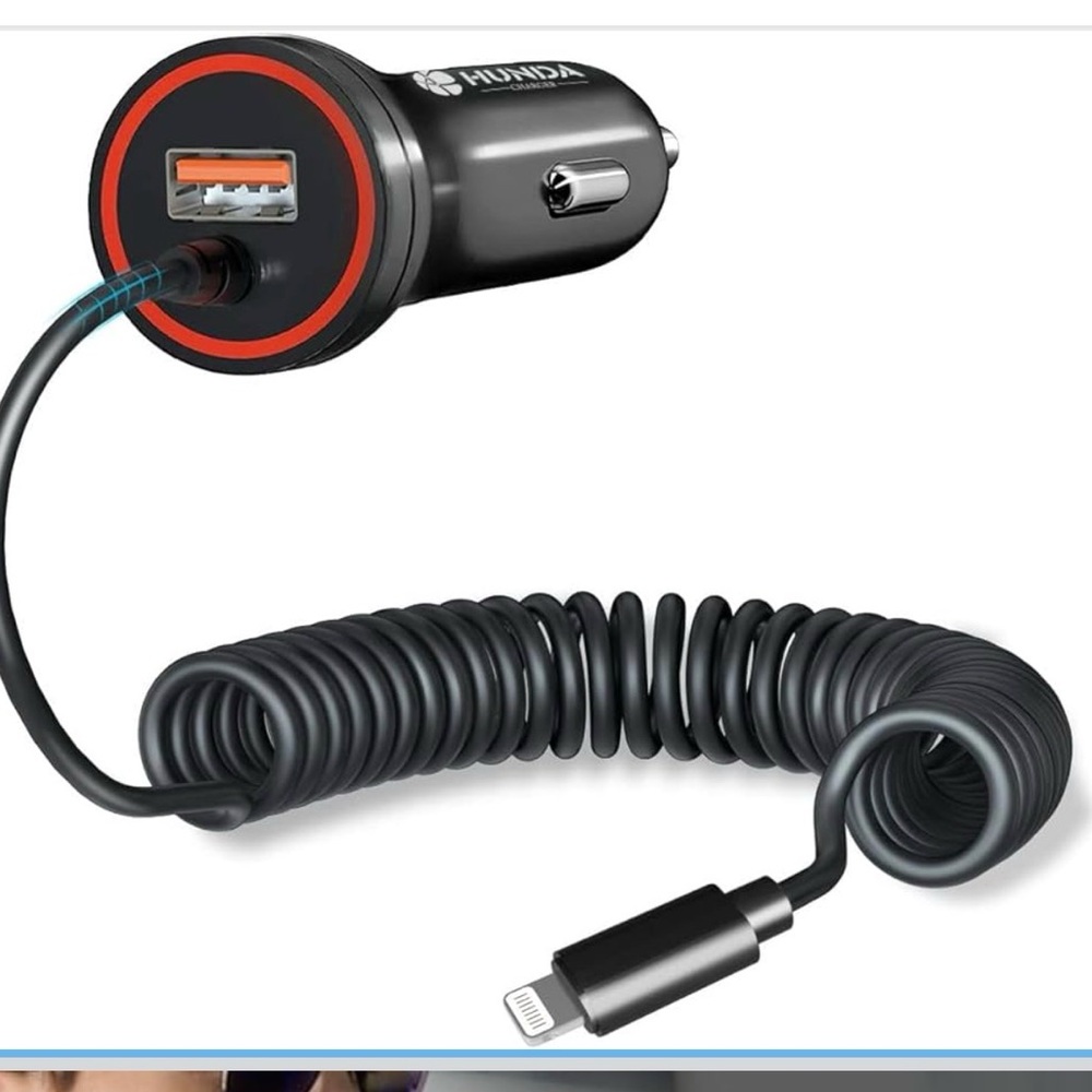 Black Car Charger with Coiled Cable